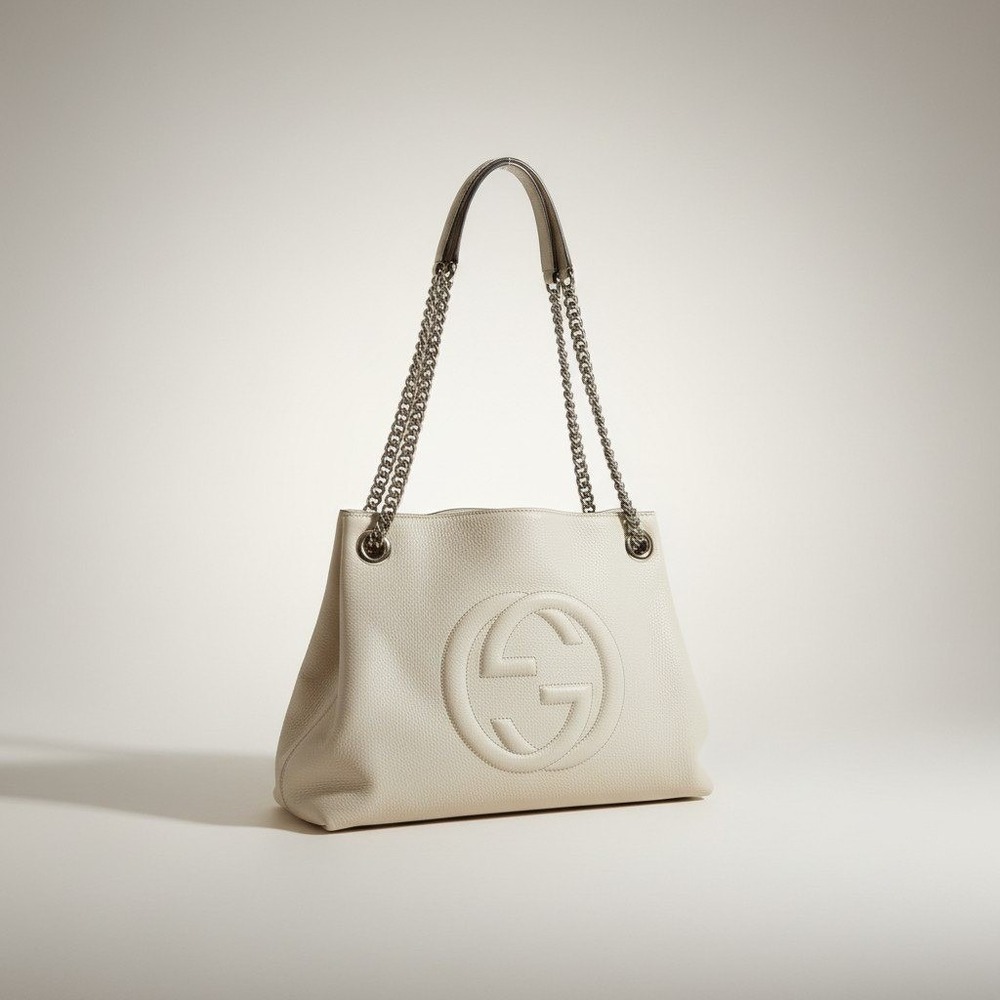 Gucci Soho GG Chain Tote Ivory Off White Pebbled Leather Shoulder Bag 536196 Med